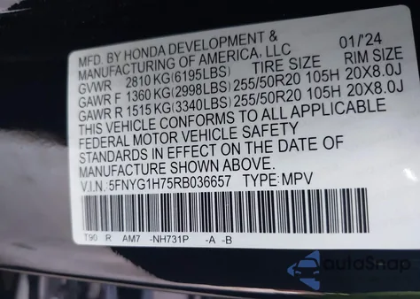 2024 Honda Pilot Touring z USA, uszkodzony, nr VIN 5FNYG1H75RB036657